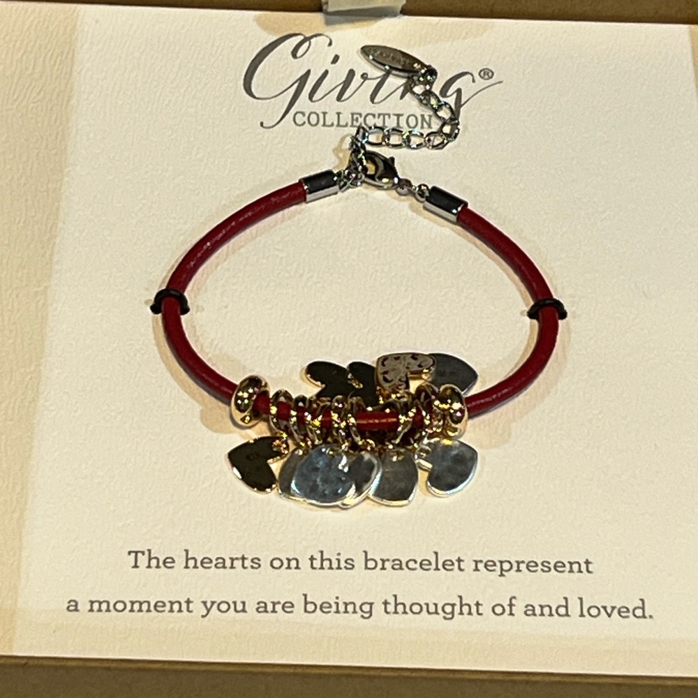 Demdaco Red Bracelet with Gold and Silver Charms in a gift box